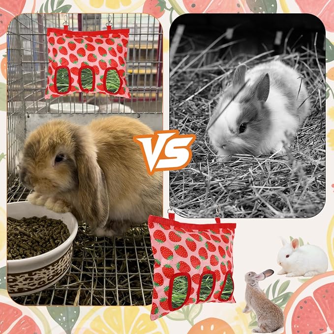 Rabbit Hay Feeder, 3 Hole Hanging Hay Bag for Rabbits Guinea Pig Bunny Chinchillas Washable Rabbit Hay Holder 13x10.8inch