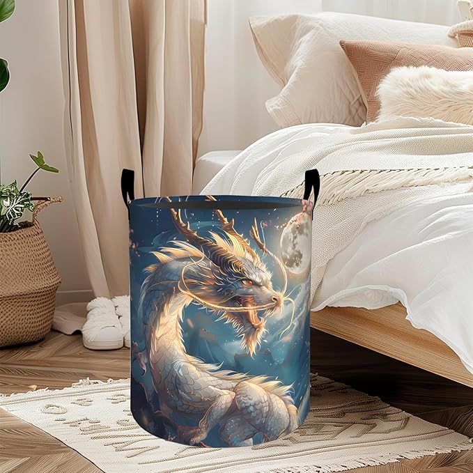 Mythical Dragon Floral Laundry Basket, Oxford Cloth Fantasy Dirty Clothes Collapsible Hamper for Room Decor, Moon and Flower Print Gifts Toy Organizer 19.7*15.8 Inch for Bedroom Bathroom Dorm
