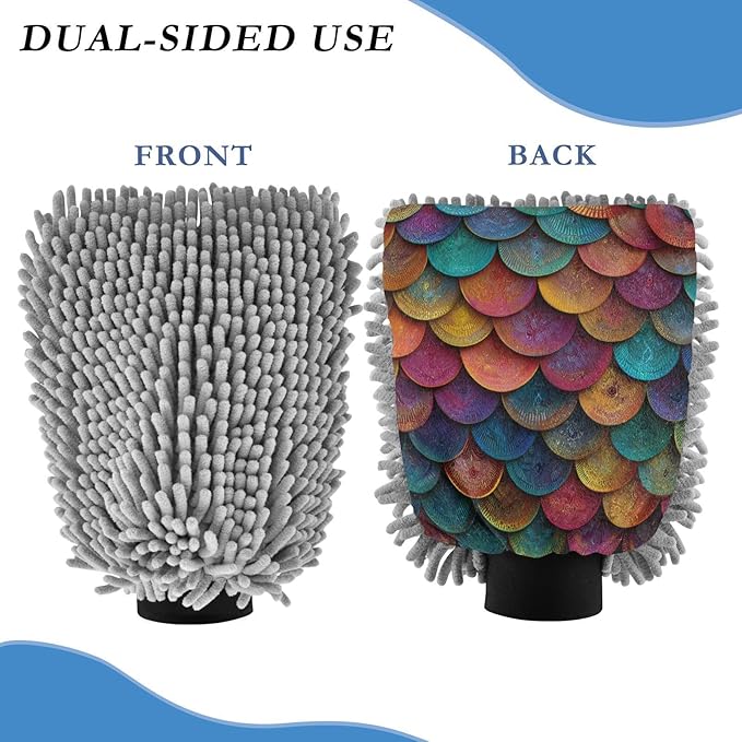 Car Wash Mitt Microfiber Wash Mitts for Car Washing Scratch-Free Cleaning Gloves Soft Non Absorbent Chenille Auto Hand Mitt Medium 2Pack Vintage Rainbow-Colored Fish Scales