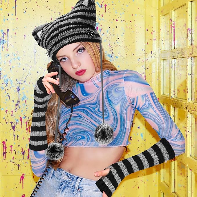 Y2k Beanie Cat Crochet Hats Cat Beanie Accessories with Kawaii Leg Cover for Women Girls