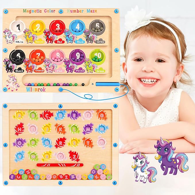 2 in 1 Double Side Magnetic Color & Number Maze, Alphabet Board Aged 1-3 Unicorn Toys, Montessori Magnet Puzzle Learning Counting Matching Gifts for Toddlers Kids Girls Boys 3 4 5 Birthday Gifts Toys