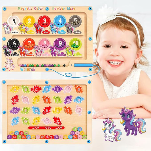 2 in 1 Double Side Magnetic Color & Number Maze, Alphabet Board Aged 1-3 Unicorn Toys, Montessori Magnet Puzzle Learning Counting Matching Gifts for Toddlers Kids Girls Boys 3 4 5 Birthday Gifts Toys