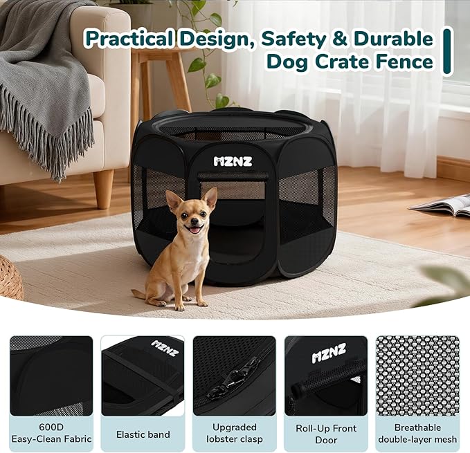 Dog Cat Playpen, Portable Small Animal Playpen Crate Indoor for Dogs Cats Rabbits, Foldable Guinea Pigs Bunny Cage Enclosure Outdoor, Pop Up Dogs Cats Tent Kennel with Carrying Case, Whole Black