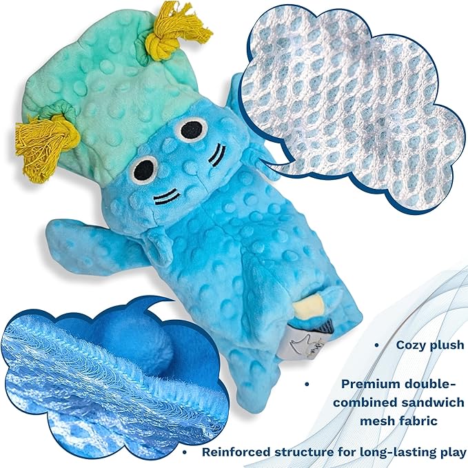 4 in 1 No Stuffing Dog Toy with Squeaker, Ropes & Surprise Play Item inside for Small Medium Large Breeds - Interactive Tug Dog Toy - Great for Cuddling, Playing and Fetch, Soft Blue Plush Hippo