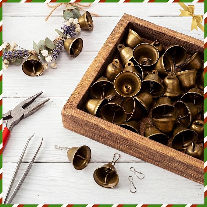 Gejoy Craft Small Brass Bells for Crafts Mini Vintage Bells with Spring Hooks Tiny for Hanging Wind Chimes Making Dog Training Doorbell Wedding Decor, 1.65 x 1.5 Inch (Bronze,120 Pieces)