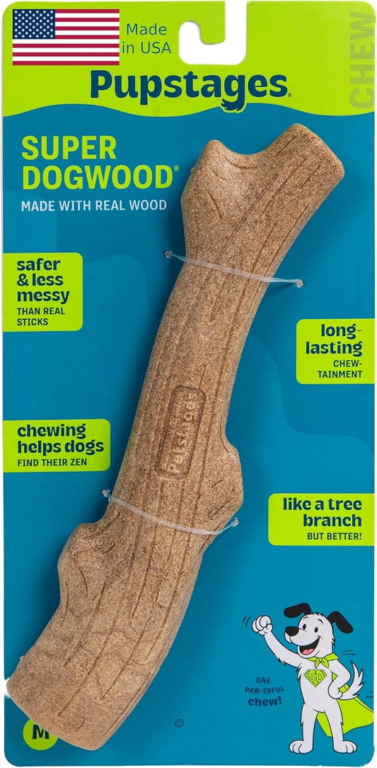 Pupstages Super Dogwood Dog Chew Toy, Made in the USA – Real-Wood Blend, Natural Wood Flavor & Texture, Moderate Chewers, Medium, 9.5"