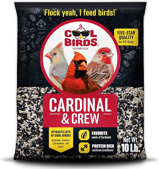 Cool Birds Cardinal & Crew Wild Bird Seed – 10 lb. Black Oil Sunflower, Sunflower Hearts & Safflower Blend for Cardinals, Grosbeaks & Chickadees – Bird Food for Outside Feeders