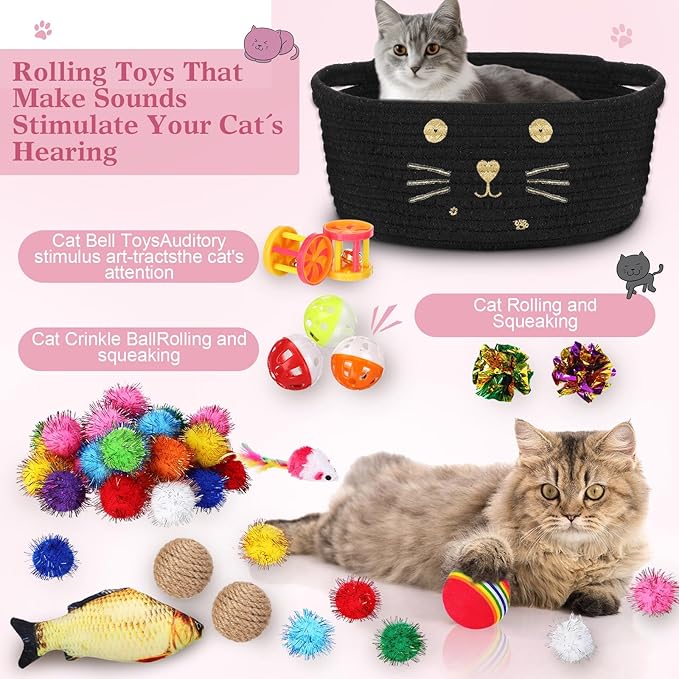 Zopeal 58 Pcs Mother’s Day Cat Storage Basket Gift Toys Set, Colorful Flashing Balls Pet Bell Crinkle Balls Spring Toys Attract Cat to Swat, Hunt, Interactive for Pet(Black,9.8 Inch)