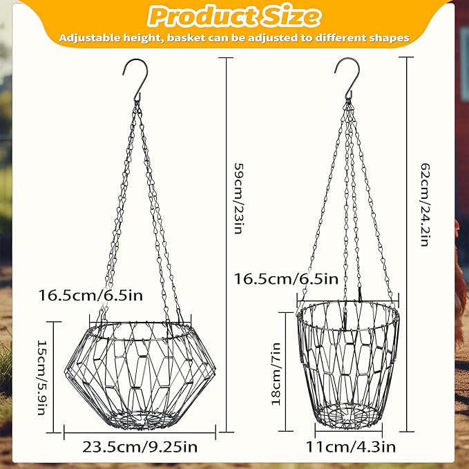 Hanging Chicken Feeder, 9.25IN Large Foldable Poultry Feeder Vegetable Fruits Basket with 4pcs Hanging Stainless Chain, Chicken Treat Holder Ball Boredom Toys for Chicken Hens Duck Coop, Black, 2 Pack