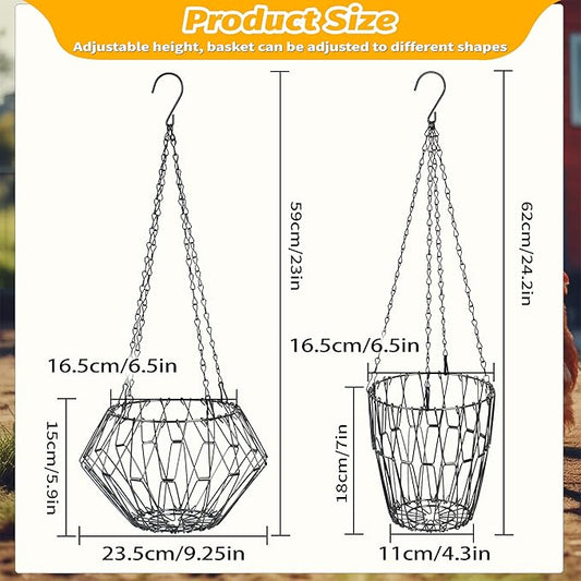 Hanging Chicken Feeder, 9.25IN Large Foldable Poultry Feeder Vegetable Fruits Basket with 4pcs Hanging Stainless Chain, Chicken Treat Holder Ball Boredom Toys for Chicken Hens Duck Coop, Black, 1 Pack
