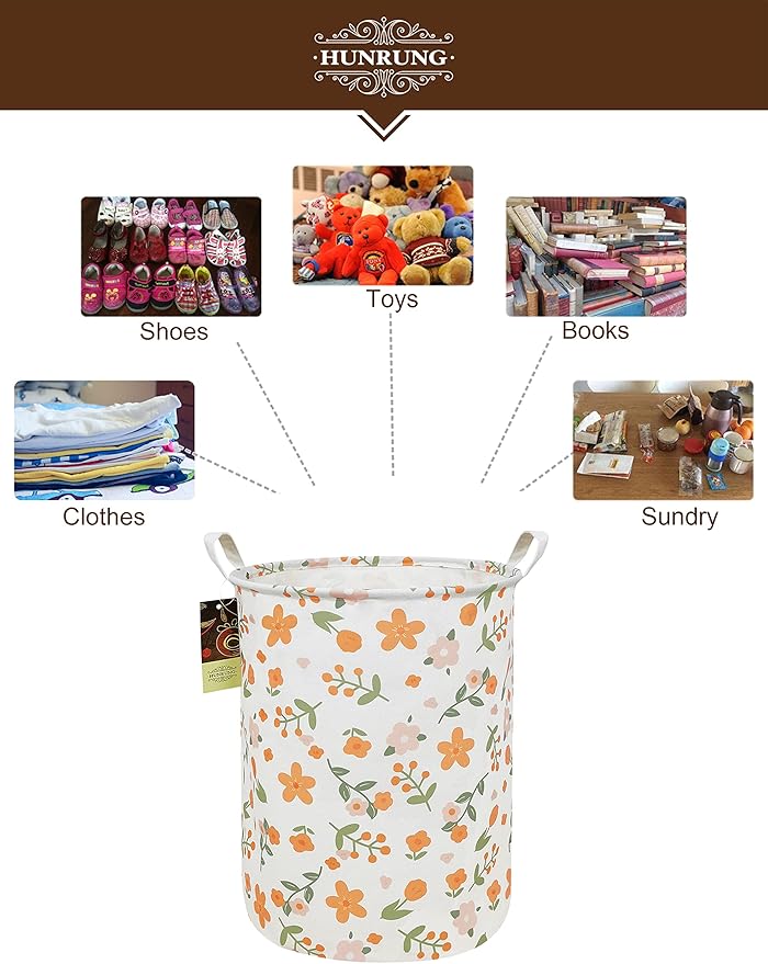 Collapsible Fabric Storage Basket, Waterproof Laundry Hamper with Handles, Round Storage Bin for Clothes Toys, Foldable Organizer for Bedroom Nursery Bathroom(Round-Orange Flower)
