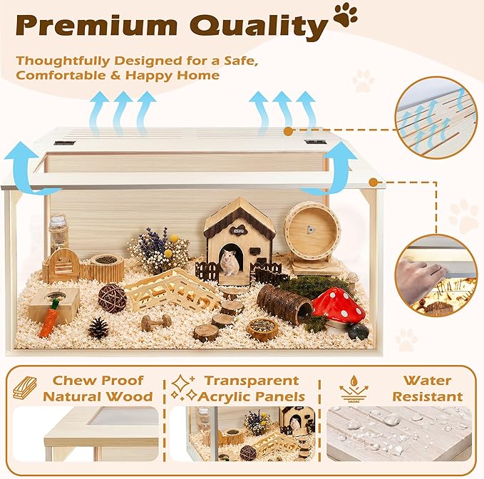PROLEE Hamster Cage with Chewproof Wood Top, Guinea Pig Cages, Hamster Habitat with Clear Acrylic Sheets Solid Built, Small Animal Cage (Oak, 40X19.5X19.5 inch)