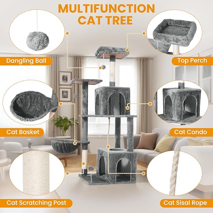 54-Inch Cat Tree Tower with 2 Caves & 2 Pompoms - Multi-Level Tower for Indoor Cats, Soft Plush Condo with Scratching Posts - Sturdy Base for Large Cats(Gray)