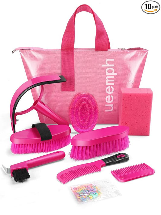 Horse Grooming Kit, Pink Storage Bag with 10 Piece Professional Equestrian Care Tools, Brushes, Combs, Scraper and Gloves (Pink)