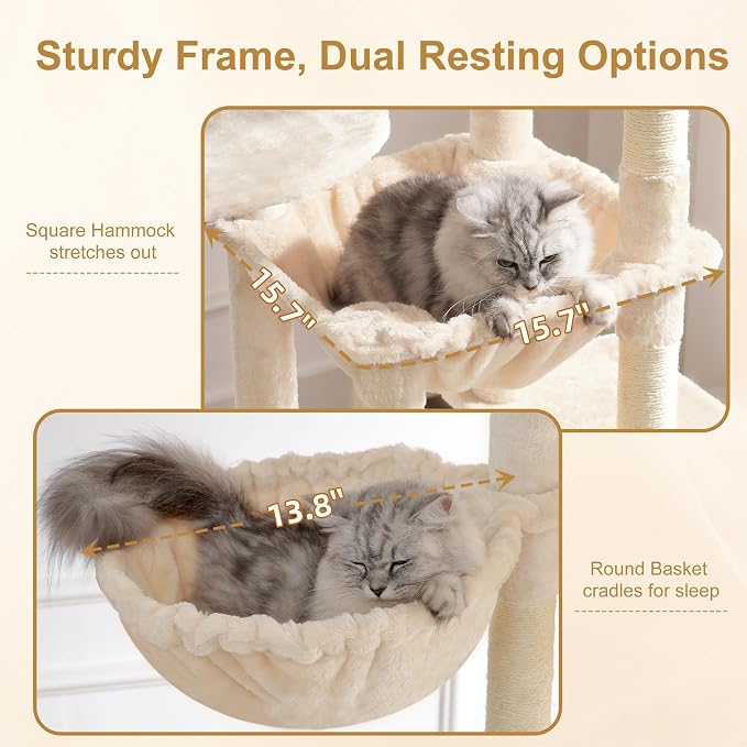 Heybly Cat Tree, 76-Inch Tall Heavy Duty Cat Tower for Big Cats with Extra Wide Baseboard, Multi-Level Large Cat Furniture with 2 Condos & 2 Hammocks, 10 Scratching Posts, Beige HCT039M