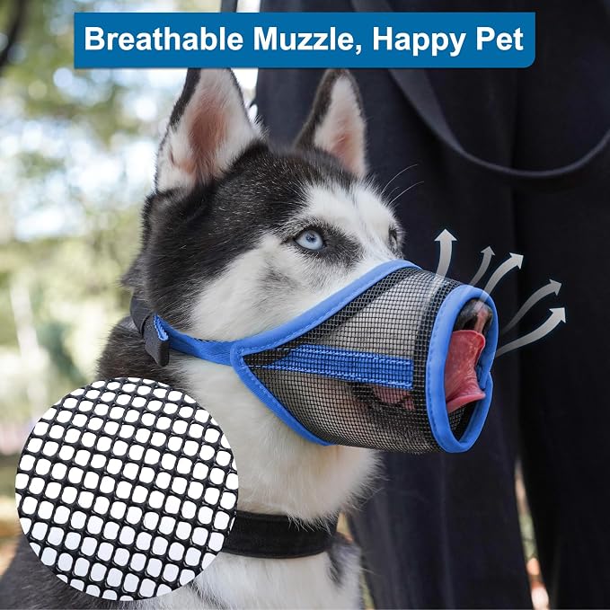 LUCKYPAW Dog Muzzle, Mesh Muzzle for Large Medium Dogs, Soft Mouth Cover to Prevent Biting Chewing, Drinkable Breathable Adjustable Puppy Mouth Guard(XL, Blue)