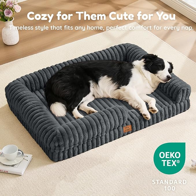 ChiXnuggle Orthopedic Dog Bed with Bolster Sides for Sleeping, Fluffy Plush Rectangular XL Dog Bed, Luxury Striped Faux Fur Waterproof Dog Couch with Removable Washable Cover, Dark Grey
