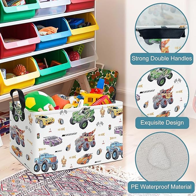 Rectangular Monster Truck Basket Storage Bins,Nursery Hamper Canvas Laundry Basket Foldable with Waterproof PE Coating for Kids, Office, Bedroom, Clothes,Toys(Rec-Monster Truck