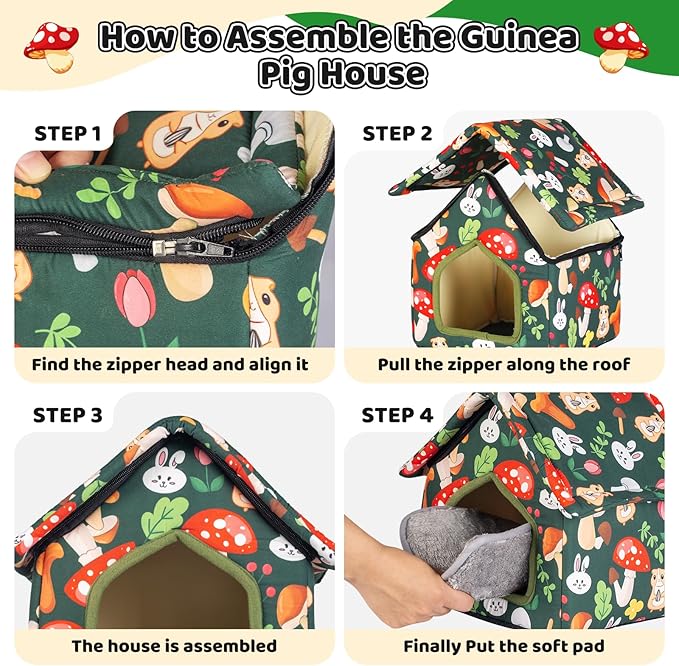Guinea Pig Hideout, Foldable Guinea Pig House with Non-Slip Bottom & Removable Pad, Soft & Washable Bunny Bed for Hamsters Dwarf Rabbits Ferret Hedgehogs and Other Small Animals