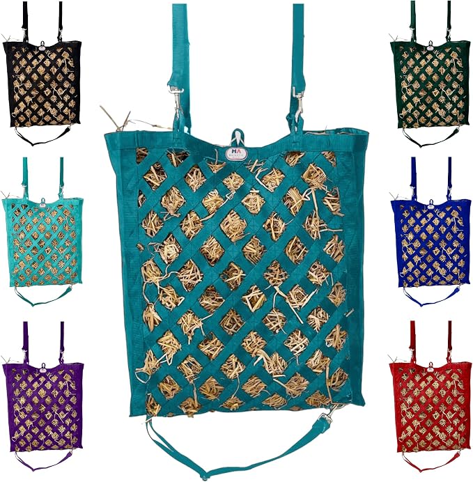 Majestic Ally Premium Nylon Hay Bag for Horses and Livestock, Simulates Grazing, Slow Feeding, Heavy-Duty PP Webbing,Quick-Adjust Straps, Small Hole for Digestion, Multiple Colors (Teal)