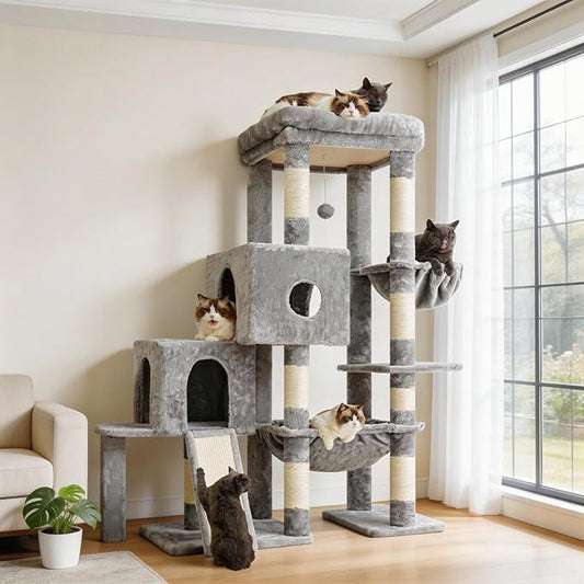 Hey-brother Cat Tree Tower, Scratching Posts with Big Platform, 2 Condos, Spacious Hammock, Cozy Basket, Sisal Board for Indoor Large Adults, 50 Inches Progressive Climbing House, Light Gray MPJ071W