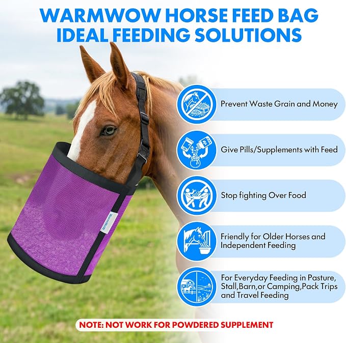 Horse Feed Bag Pack of 2 (Reinforced Bottom Edging), Feed Bags for Horses with Ventilation Mesh, Comfort Nose Pad Neck Pad, Adjustable Strap, Spill Proof Design for Feeding Grain, Supplements