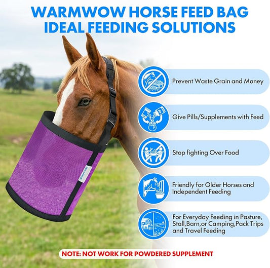 Horse Feed Bag Pack of 2 (Reinforced Bottom Edging), Feed Bags for Horses with Ventilation Mesh, Comfort Nose Pad Neck Pad, Adjustable Strap, Spill Proof Design for Feeding Grain, Supplements
