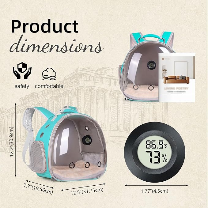 Bearded Dragon Travel Backpack Carrier with Reptile Thermometer and Humidity Gauge Lizard Travel Cage Space Capsule Clear Bubble Window Astronaut Reptile Bag for Ball Python (Green, Backpack)