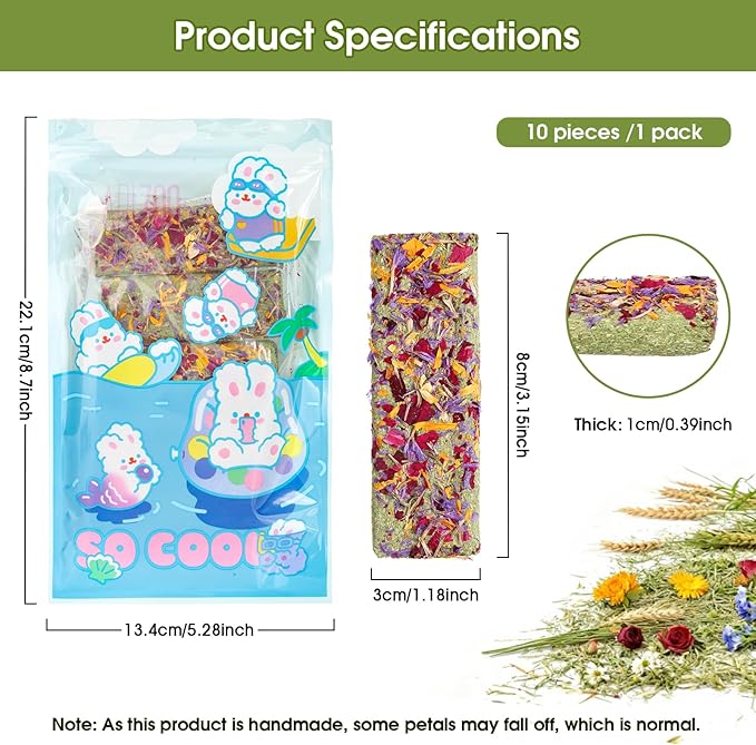 Abizoo 10pcs Timothy Hay & Alfalfa Chew Toys - Natural Crunchy Treats with Wheat Calendula Rose High Fiber for Teeth Care & Digestive Health for Bunnies, Guinea Pigs, Hamsters, Chinchillas, Gerbils