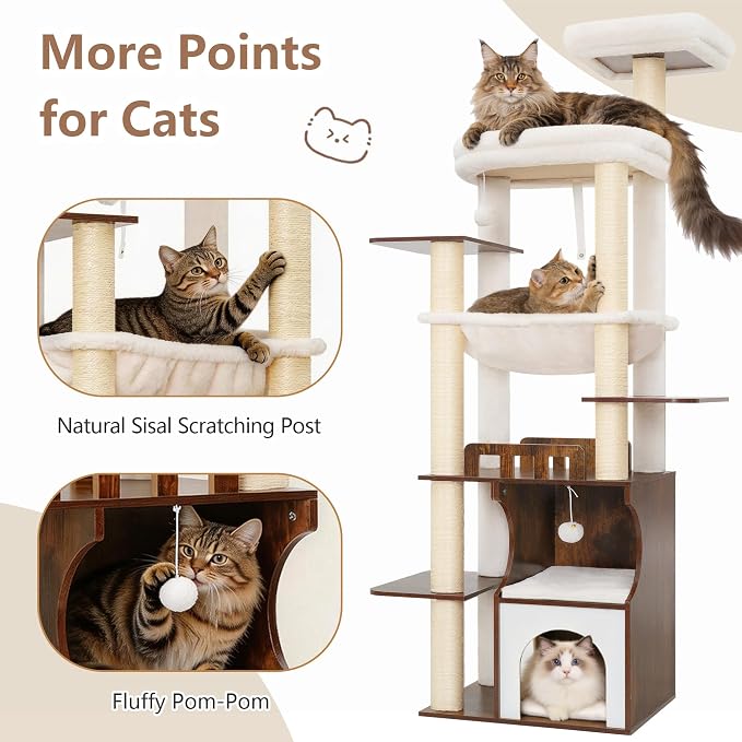 Gitelsnour Cat Tree, 70.9 Inch Wood Cat Tower for Large Cats Adult, Modern Cat Furniture with Double-Layer Wooden Cat Condo, 2 Platforms, Large Hammock and Scratching Posts, Rustic Brown GCT102SR