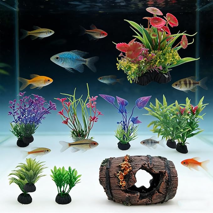 9 Pcs Aquarium Artificial Plastic Glass Plants and Rock Cave Decor Set, Goldfish Betta Fish Tanks Decoration Accessories Green Plants, Simulation Water Plant Corals Ornaments