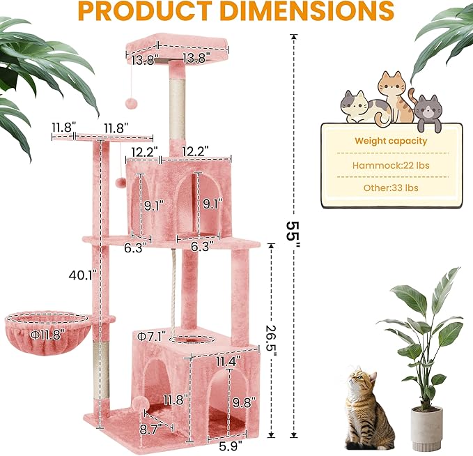 54-Inch Cat Tree Tower with 2 Caves & 2 Pompoms - Multi-Level Tower for Indoor Cats, Soft Plush Condo with Scratching Posts - Sturdy Base for Large Cats(Pink)