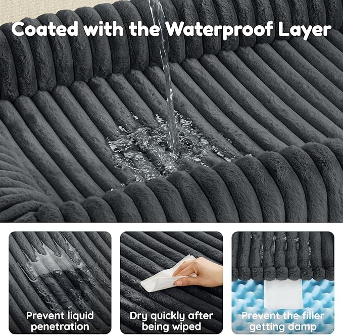 ChiXnuggle Orthopedic Dog Bed with Bolster Sides for Sleeping, Fluffy Plush Rectangular Dog Bed Medium Sized Dog, Luxury Striped Faux Fur Waterproof Dog Couch with Removable Washable Cover, Dark Grey