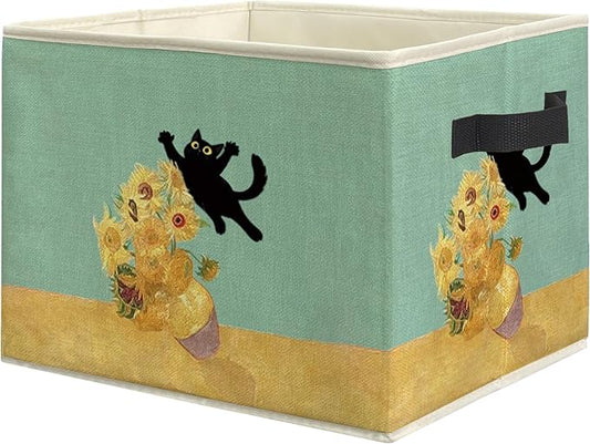 Funny Black Cat Sunflower Storage Bin Box, Cat Lover Mom Lady Grandma Gifts Collapsible Storage Basket Organizer for Bedroom Bathroom Home Clothes Toys Books, Toybox for Girls