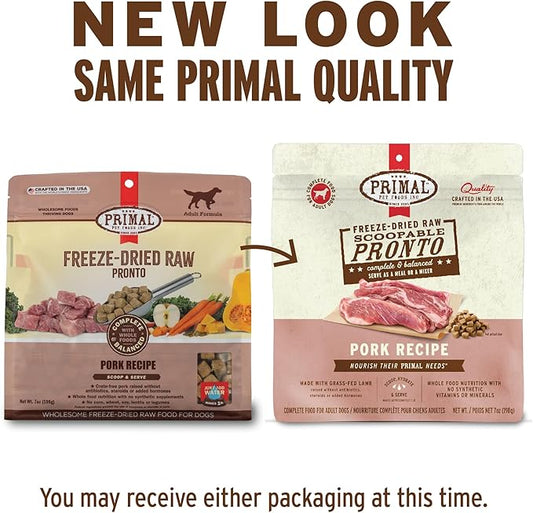 Primal Freeze Dried Dog Food, Pronto Mini Nuggets, Pork; Scoop & Serve, Complete & Balanced Meal; Also Use As Topper or Treat; Premium, Healthy, Grain Free, High Protein Raw Dog Food 25 oz (Pack of 2)
