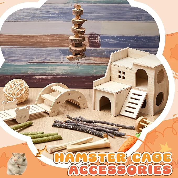 8 Pcs Hamster Cage Accessories Hamster Starter Kit with Maze Wood House, Bridge, Seesaw, Chew Toys Set for Gerbils and Mice Small Animals Habitat Supplies(Classic Villa)