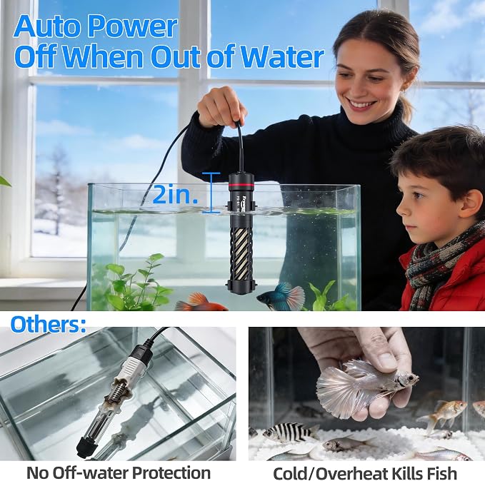 FREESEA Aquarium Heater for Fish Tank: 50W Small Submersible Thermostat with Off-Water Protection & UL Certified Cord for 3-10 Gallon Fish Turtle Tanks Enthusiasts