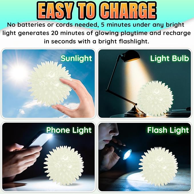 LECHONG 4-Pack Glow in The Dark Squeaky Dog Balls, 4.5” Large Spiky Dog Toy Balls, Durable Glowing Rubber Fetching Ball for Medium & Large Dogs Nighttime Playing Indoors & Outdoors