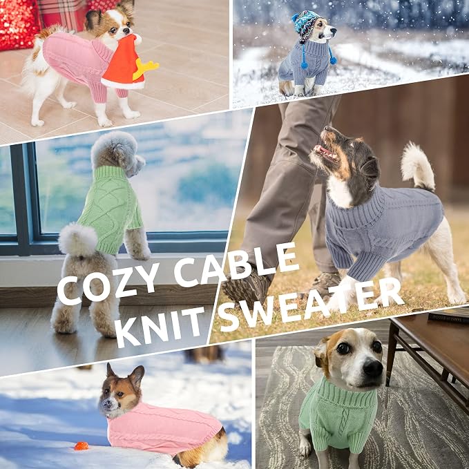 Queenmore Small Dog Pullover Sweater, Cold Weather Cable Knitwear, Classic Turtleneck Thick Warm Clothes for Chihuahua, Bulldog, Dachshund, Pug, Yorkie (Pink, Small)