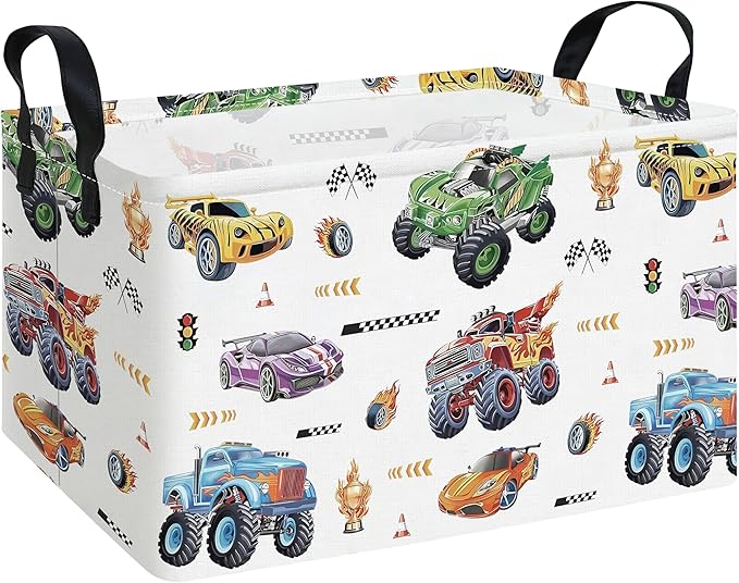 Rectangular Monster Truck Basket Storage Bins,Nursery Hamper Canvas Laundry Basket Foldable with Waterproof PE Coating for Kids, Office, Bedroom, Clothes,Toys(Rec-Monster Truck