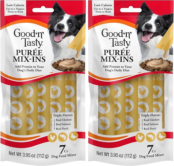 Good 'n' Tasty Triple Flavor Puree Mix-Ins Dog Food Topper Treats for All Dogs, 7 Count, Easy Single-Serve Portions, Added Protein with Chicken, Salmon and Duck (Pack of 2)