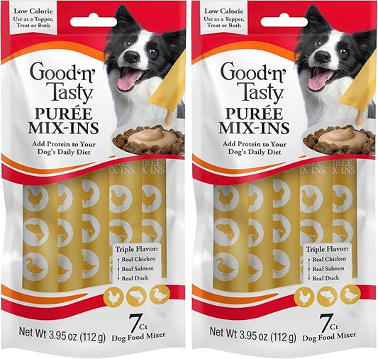 Good 'n' Tasty Triple Flavor Puree Mix-Ins Dog Food Topper Treats for All Dogs, 7 Count, Easy Single-Serve Portions, Added Protein with Chicken, Salmon and Duck (Pack of 2)