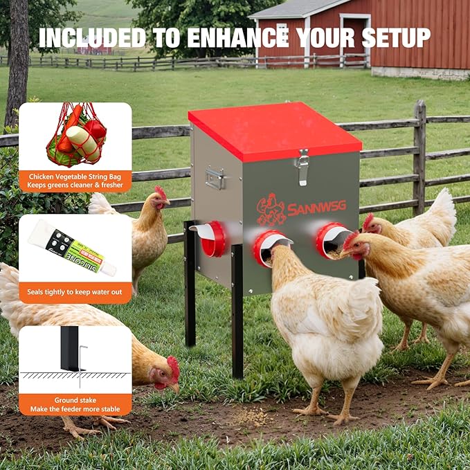 Chicken Feeders,30 lb Capacity 6 Port Automatic Chicken Feeder, Metal Chick Feeder with Locking Lid and Legs, Chicken Feeder for Chickens, Ducks, Geese