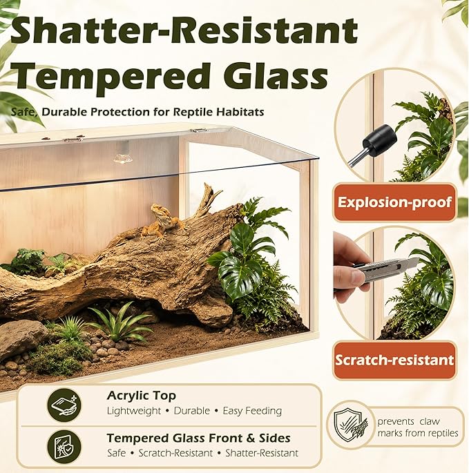 PROLEE Bearded Dragon Tank, Lizard Tank with Clear Tempered Glass Roof, Anti-Scratch Reptile Enclosure, Reptile Tank Built-in Light Fixtures with Switch (32X16X16inch,34 Gallon)