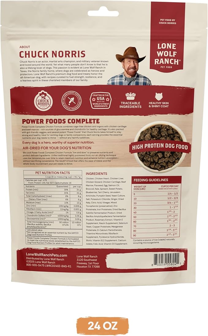 Chuck Norris Power Foods Complete Air-Dried Dog Food with High Protein, Superfoods, and Glucosamine (Chicken, 24oz)