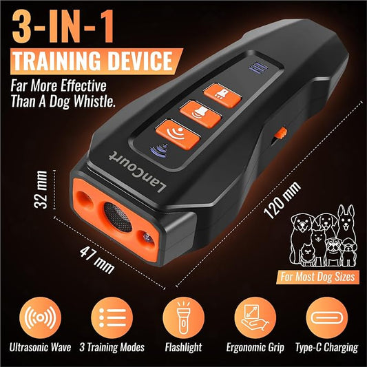 Dog Bark Deterrent Ultrasonic Device | Within 33FT Range, Anti Barking Indoors & Outdoor, Flashlight, Rechargeable, Portable