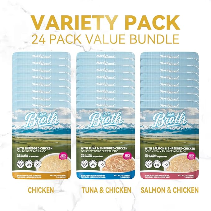 Shredded Chicken in Broth – High-Protein Grain-Free Lickable Cat Food Topper, Chicken & Seafood Variety Pack, 24 Pouches (1.41 oz Each) (24)