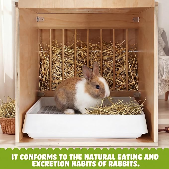 2 in 1 Extra Large 23 x 13.4 Inches Wooden Rabbit Litter Box with Hay Feeder Large Capacity Less Mess Rabbit Hay Feeder Litter Box Set for Rabbits, Bunny, Guinea Pig, Hamster, Small Animals