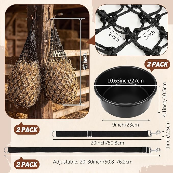 6 Pcs Horse Supplies Set 2 Hay Bags 2 Heavy Duty Rubber Feed Pans 2 Horse Bucket Strap Hangers for Slower Feeding Hay Bag Hanging Stable Trailer