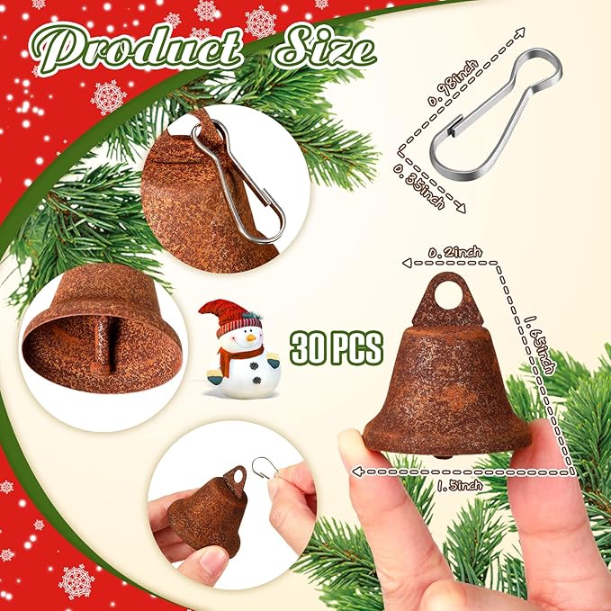 30 Pieces Craft Small Brass Bells for Crafts Mini Vintage Bells with Spring Hooks Tiny for Hanging Wind Chimes Making Dog Training Doorbell Wedding Decor, 1.65 x 1.5 Inch(Rusty Color)